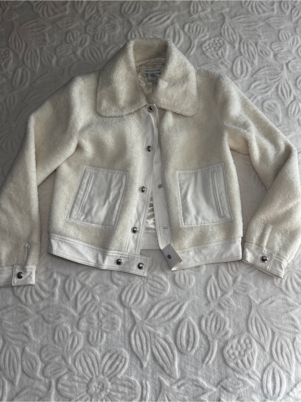 Urban Outfitters Ivory Teddy Sherpa Jacket with Leather-Trim Pockets